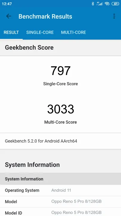 Wyniki testu Oppo Reno 5 Pro 8/128GB Geekbench Benchmark