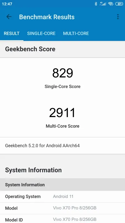 Wyniki testu Vivo X70 Pro 8/256GB Geekbench Benchmark
