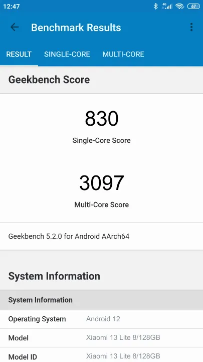 Wyniki testu Xiaomi 13 Lite 8/128GB Geekbench Benchmark