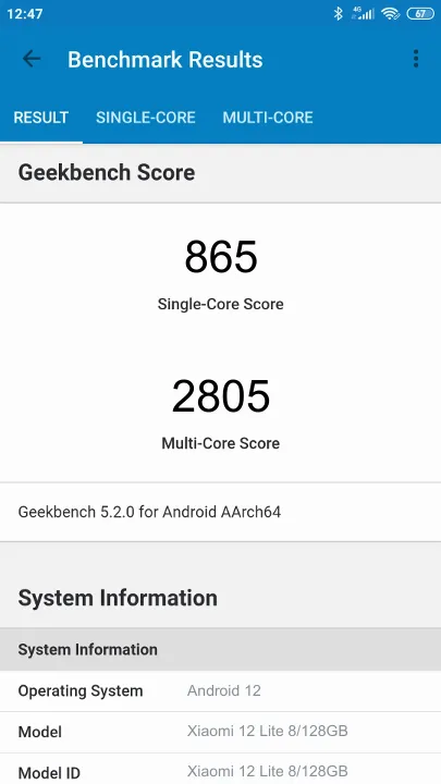 Wyniki testu Xiaomi 12 Lite 8/128GB Geekbench Benchmark