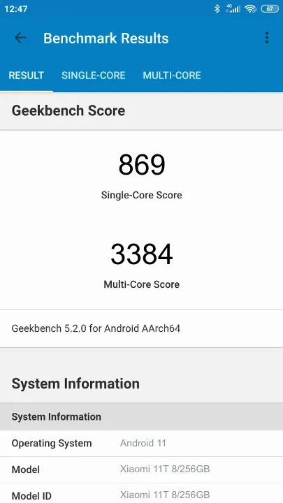 Punteggi Xiaomi 11T 8/256GB Geekbench Benchmark
