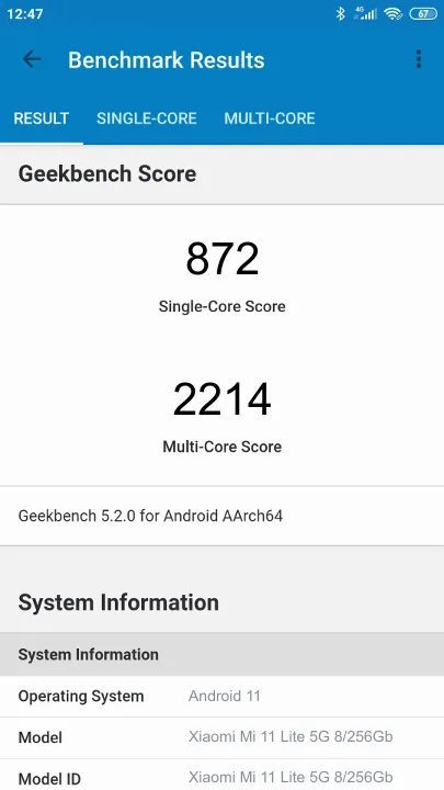Wyniki testu Xiaomi Mi 11 Lite 5G 8/256Gb Geekbench Benchmark