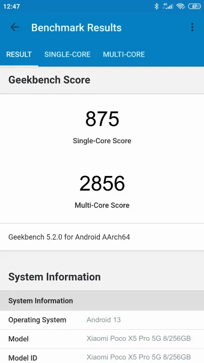 Wyniki testu Xiaomi Poco X5 Pro 5G 8/256GB Geekbench Benchmark