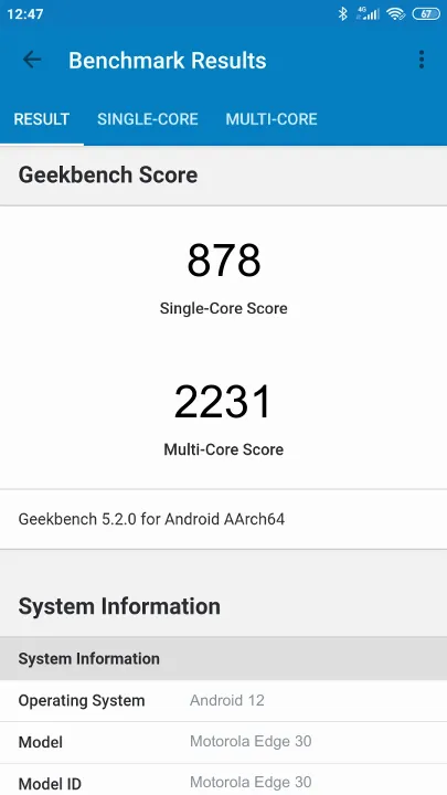 Wyniki testu Motorola Edge 30 8/128GB Geekbench Benchmark