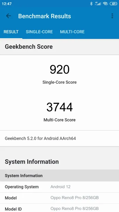 Wyniki testu Oppo Reno8 Pro 8/256GB Geekbench Benchmark