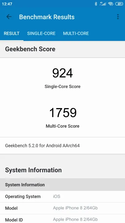 Wyniki testu Apple iPhone 8 2/64Gb Geekbench Benchmark