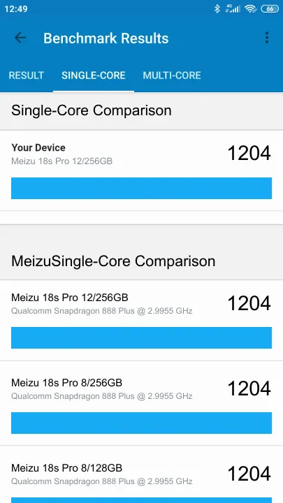 Wyniki testu Meizu 18s Pro 12/256GB Geekbench Benchmark
