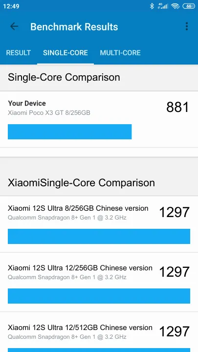 Wyniki testu Xiaomi Poco X3 GT 8/256GB Geekbench Benchmark