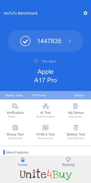 Apple A17 Pro -puhelimen AnTuTu benchmark -pisteet