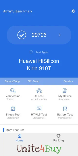 Pontuação do Huawei HiSilicon Kirin 910T Antutu Benchmark