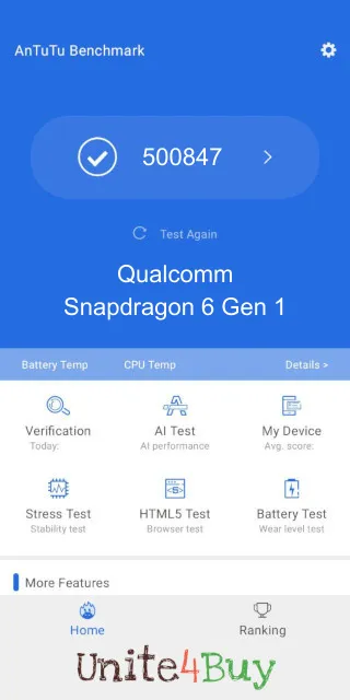 תוצאות ציון Qualcomm Snapdragon 6 Gen 1 Antutu benchmark