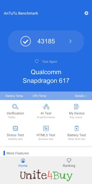 Skóre pre Qualcomm Snapdragon 617 v rebríčku Antutu benchmark.