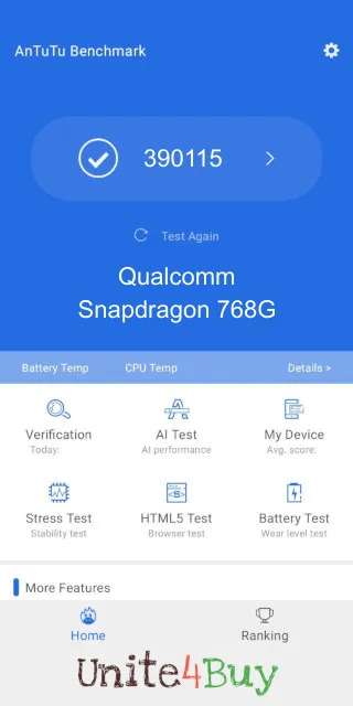 Skóre pre Qualcomm Snapdragon 768G v rebríčku Antutu benchmark.