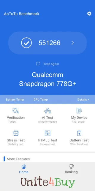 Skóre pre Qualcomm Snapdragon 778G+ v rebríčku Antutu benchmark.