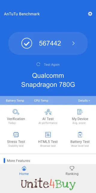 Qualcomm Snapdragon 780G: Resultado de las puntuaciones de Antutu Benchmark