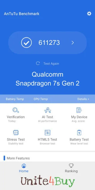 Qualcomm Snapdragon 7s Gen 2: Resultado de las puntuaciones de Antutu Benchmark