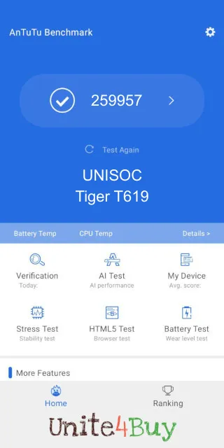 UNISOC Tiger T619 Antutu Benchmark punktacja