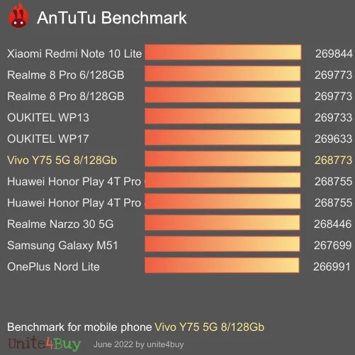 النتيجة المعيارية لـ Vivo Y75 5G 8/128Gb Antutu