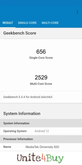 MediaTek Dimensity 820 Geekbench Benchmark score