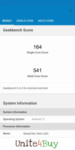 MediaTek Helio A20 Geekbench Benchmark score