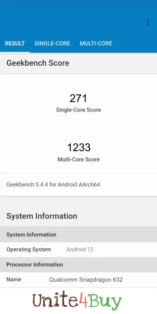 Qualcomm Snapdragon 632 -puhelimen Geekbench benchmark -pisteet