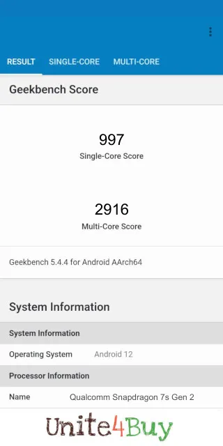 Qualcomm Snapdragon 7s Gen 2: Resultado de las puntuaciones de GeekBench Benchmark