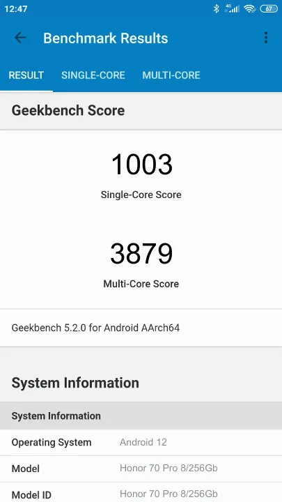 Honor 70 Pro 8/256Gb Geekbench benchmark: classement et résultats scores de tests