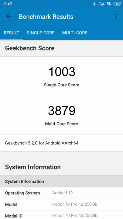Honor 70 Pro 12/256Gb Geekbench benchmark: classement et résultats scores de tests