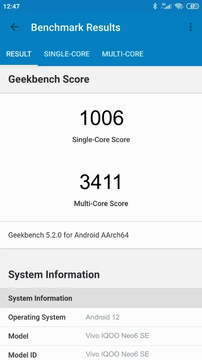Vivo IQOO Neo6 SE 8/128GB Geekbench benchmarkresultat-poäng