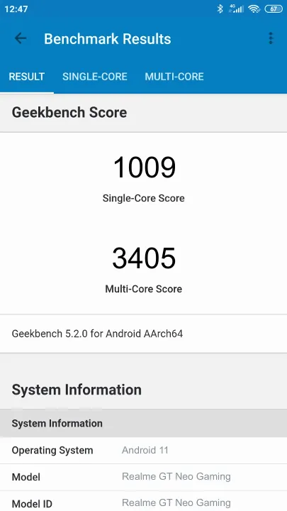 Wyniki testu Realme GT Neo Gaming Geekbench Benchmark