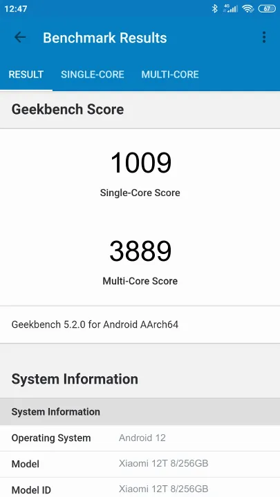Wyniki testu Xiaomi 12T 8/256GB Geekbench Benchmark