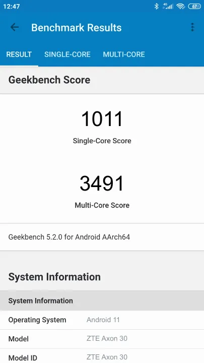 ZTE Axon 30 Geekbench-benchmark scorer