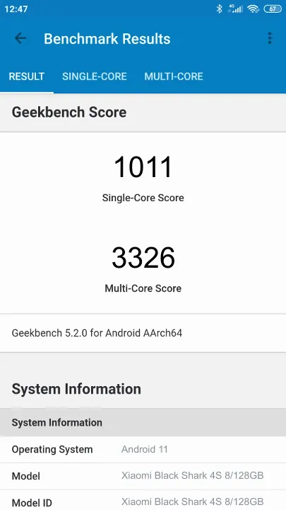 Xiaomi Black Shark 4S 8/128GB תוצאות ציון מידוד Geekbench