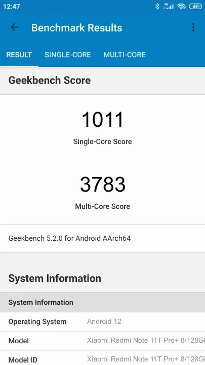 Skor Xiaomi Redmi Note 11T Pro+ 8/128Gb Geekbench Benchmark