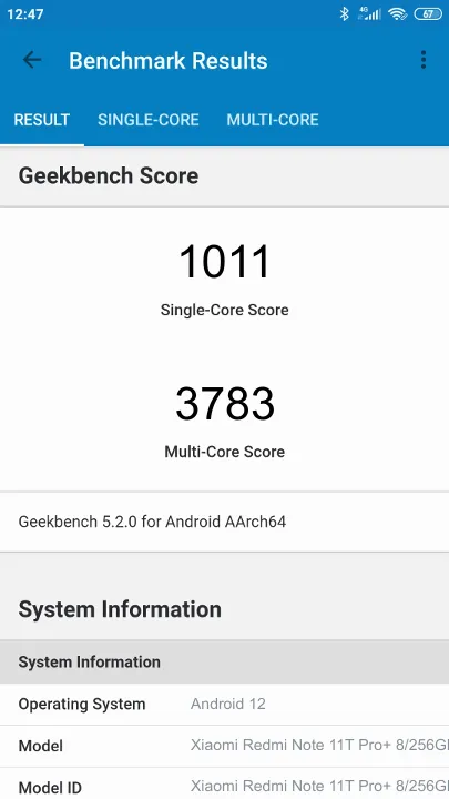 Xiaomi Redmi Note 11T Pro+ 8/256Gb的Geekbench Benchmark测试得分