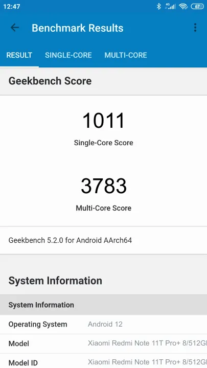 Wyniki testu Xiaomi Redmi Note 11T Pro+ 8/512Gb Geekbench Benchmark
