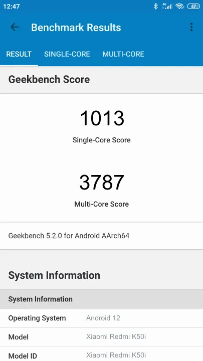 Pontuações do Xiaomi Redmi K50i 6/128GB Geekbench Benchmark