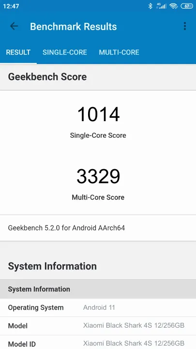 نتائج اختبار Xiaomi Black Shark 4S 12/256GB Geekbench المعيارية