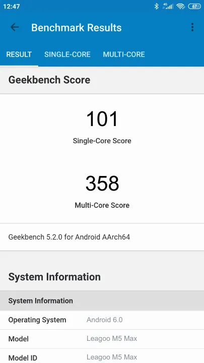 Wyniki testu Leagoo M5 Max Geekbench Benchmark