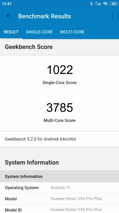 Pontuações do Huawei Honor V40 Pro Plus Geekbench Benchmark