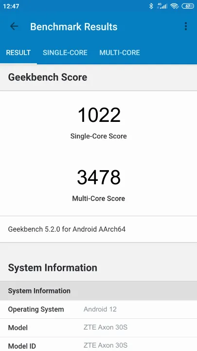 Βαθμολογία ZTE Axon 30S 8/128GB Geekbench Benchmark