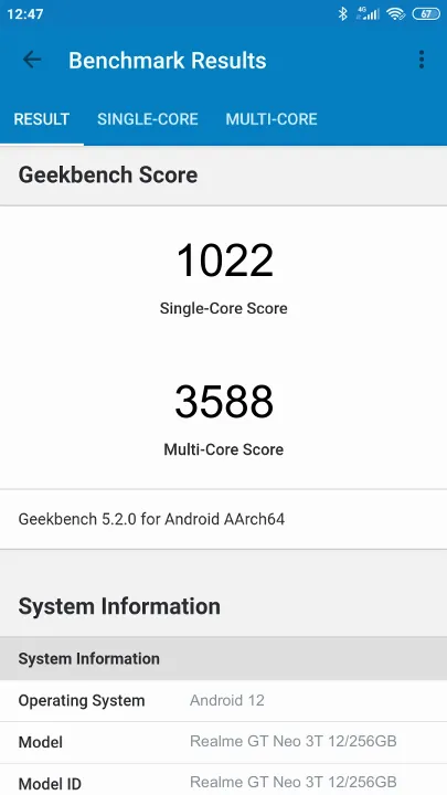 Realme GT Neo 3T 12/256GB Geekbench benchmark score results