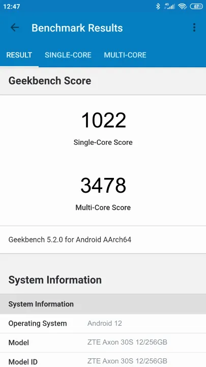 ZTE Axon 30S 12/256GB Geekbench benchmark score results