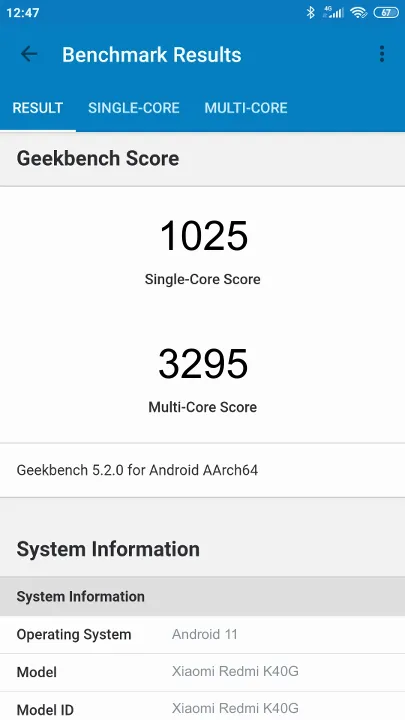 Wyniki testu Xiaomi Redmi K40G Geekbench Benchmark