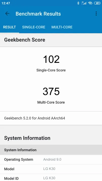 نتائج اختبار LG K30 Geekbench المعيارية