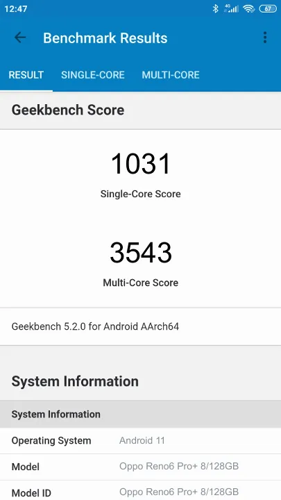 Oppo Reno6 Pro+ 8/128GB Geekbench Benchmark점수