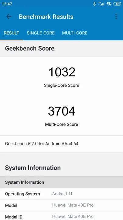 Huawei Mate 40E Pro 8/256GB Geekbench benchmark: classement et résultats scores de tests