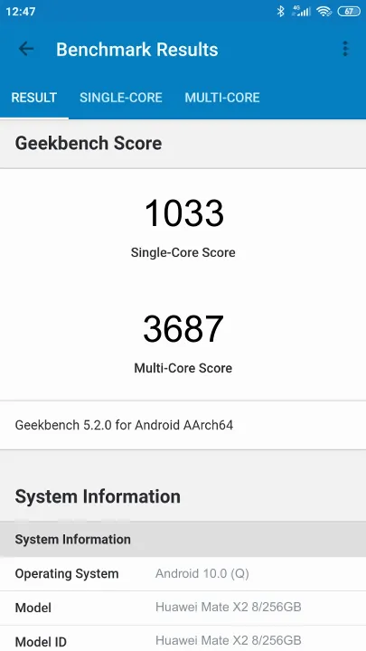 Huawei Mate X2 8/256GB的Geekbench Benchmark测试得分