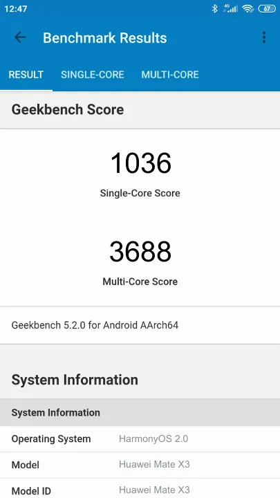 Wyniki testu Huawei Mate X3 Geekbench Benchmark