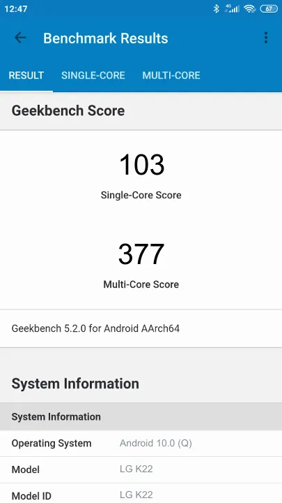 Pontuações do LG K22 Geekbench Benchmark